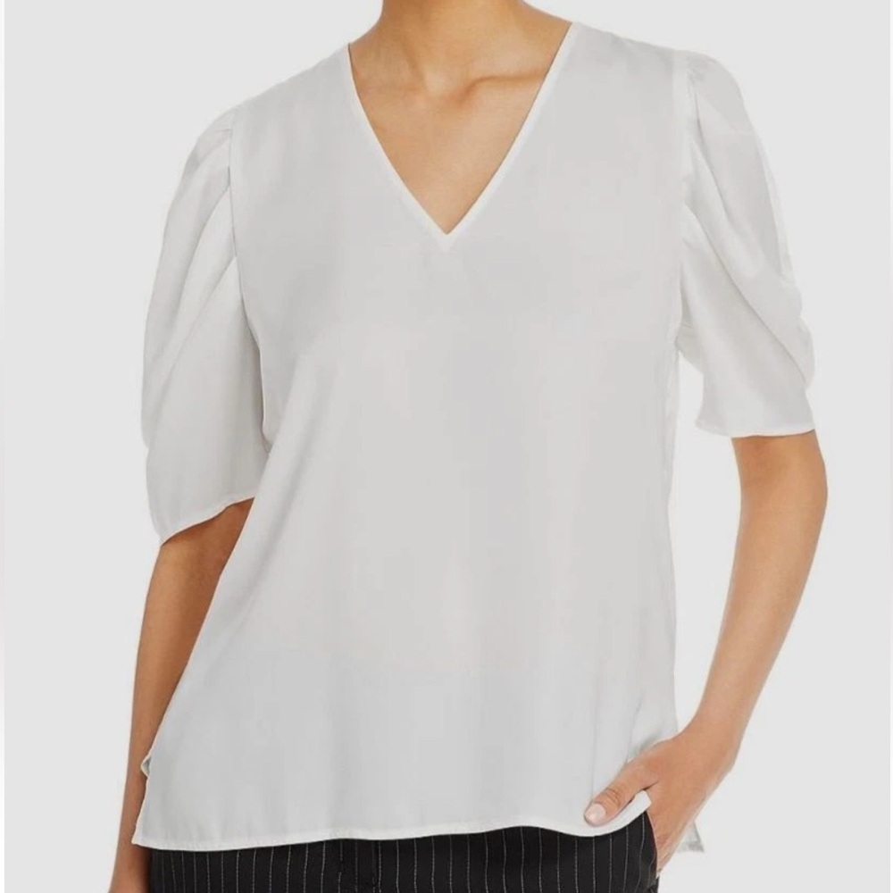 DKNY Womens Ivory V-Neck Puff 3/4 Sleeve Satin Blouse Top Size Medium